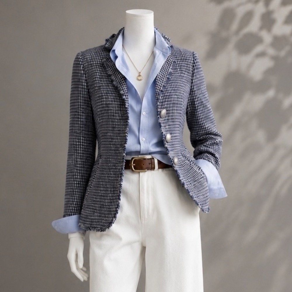 Armani Collezioni Womens US 8 Blue Houndstooth Fringe Stretch Blazer Jacket